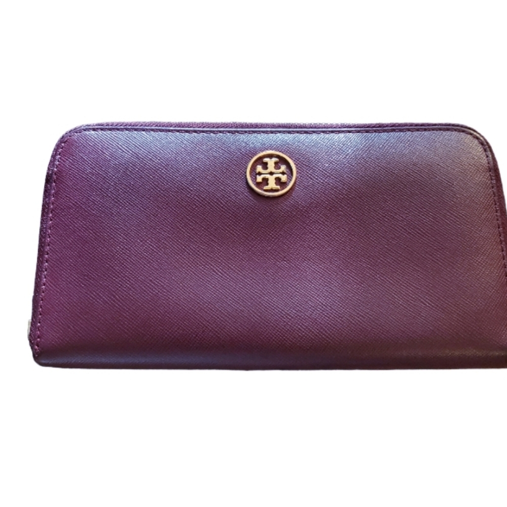 Tory Burch wine zip around continental wallet with gold hardware